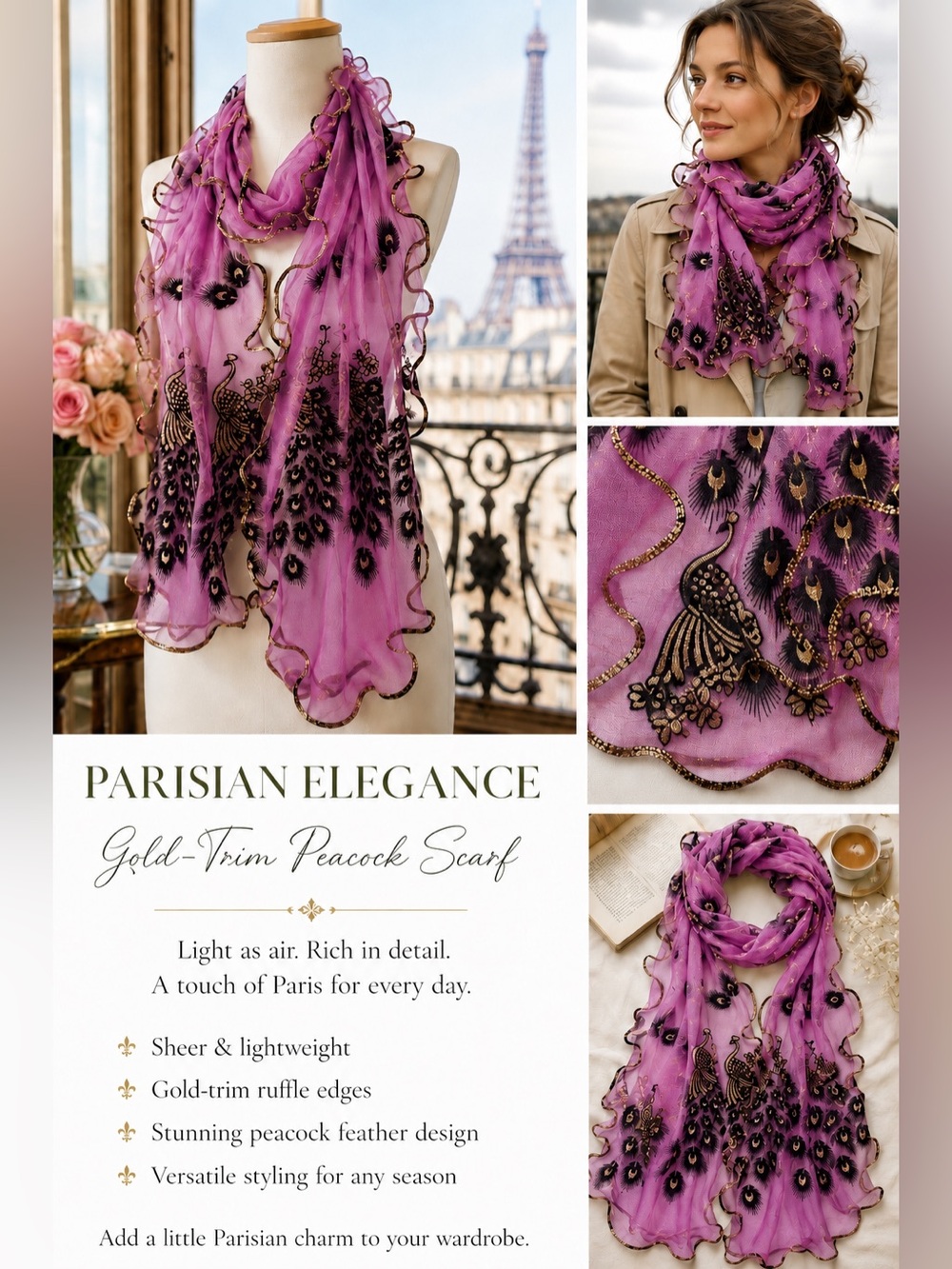 Parisian-style Gold-trim HOT PINK Peacock Scarf